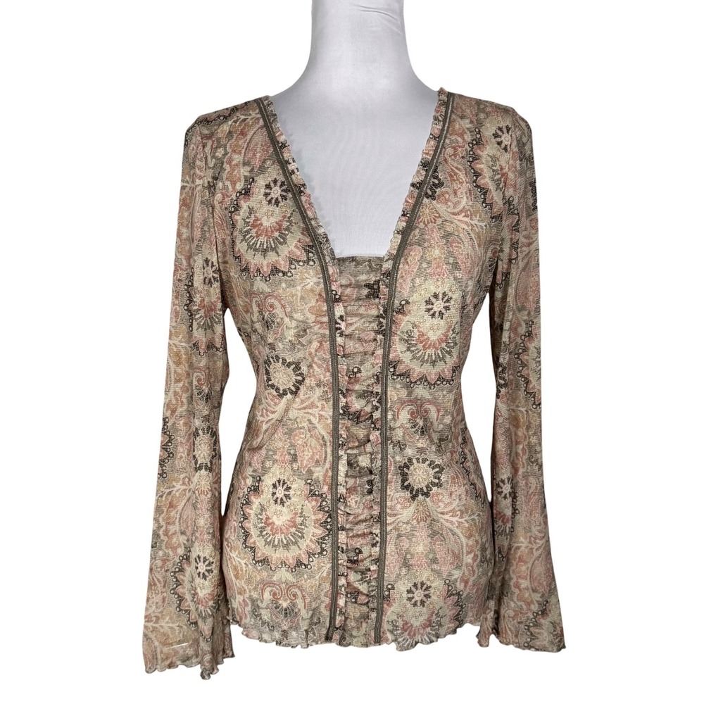 Y2K Fairy Boho Paisley Floral Ruffle Mesh Top Sz L Flare Bell Sleeve Axcess Liz
